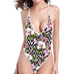 Purple Alstroemeria Zigzag Pattern Print One Piece High Cut Swimsuit