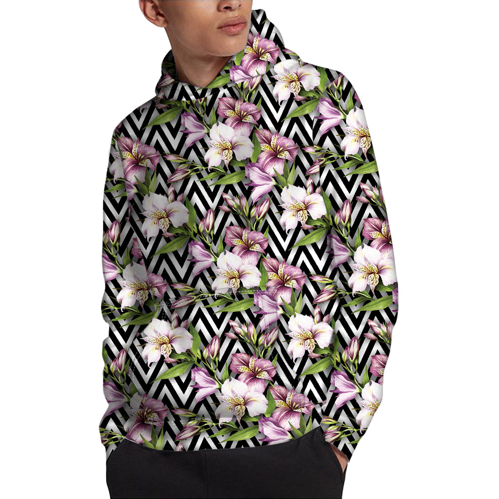 Purple Alstroemeria Zigzag Pattern Print Pullover Hoodie