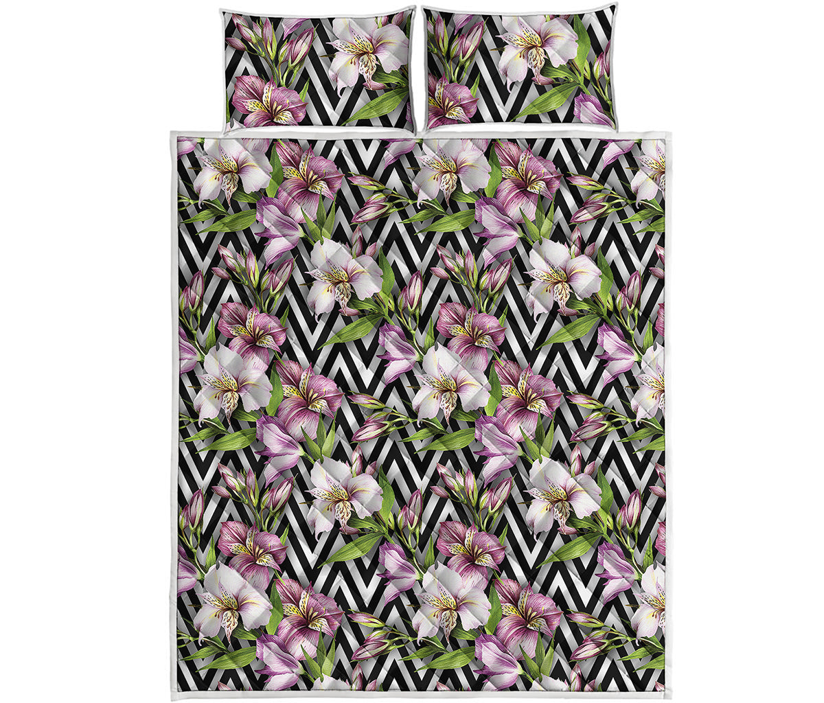 Purple Alstroemeria Zigzag Pattern Print Quilt Bed Set
