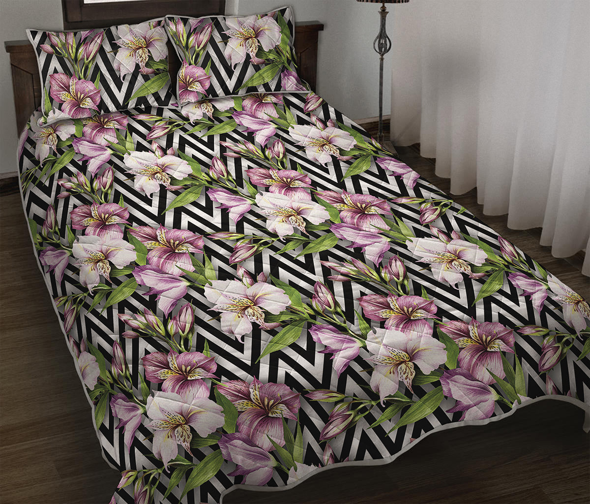 Purple Alstroemeria Zigzag Pattern Print Quilt Bed Set