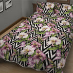 Purple Alstroemeria Zigzag Pattern Print Quilt Bed Set