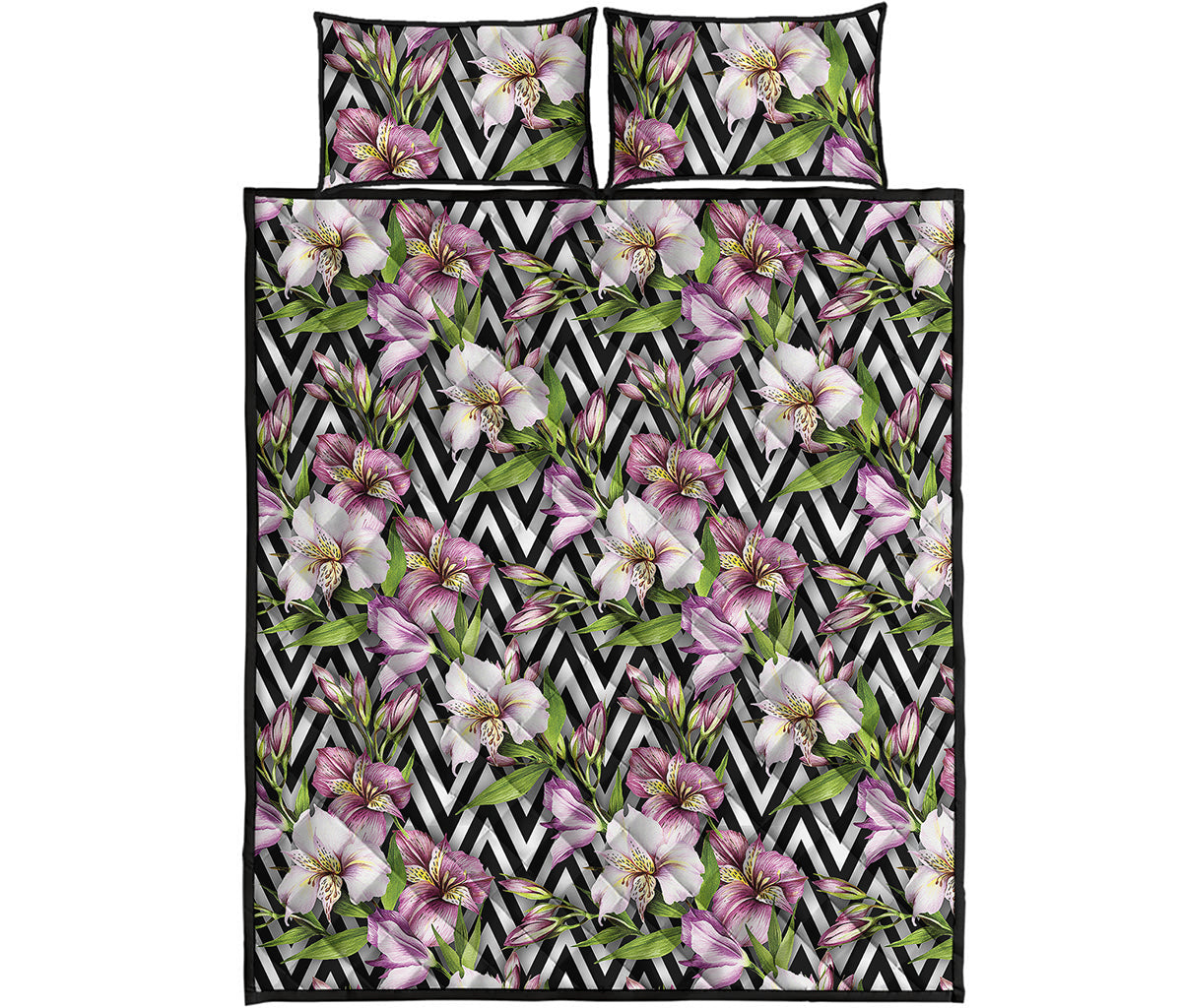 Purple Alstroemeria Zigzag Pattern Print Quilt Bed Set