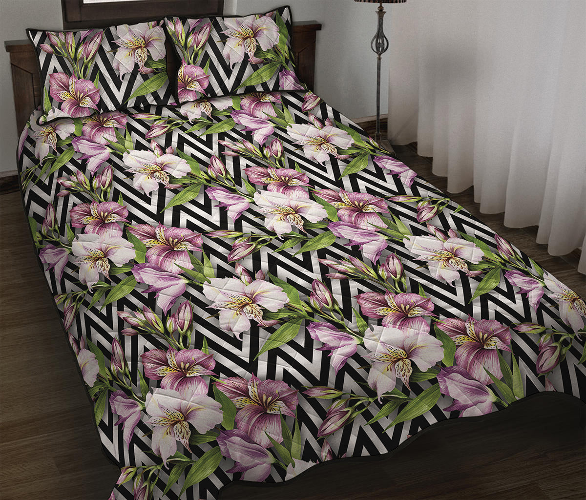 Purple Alstroemeria Zigzag Pattern Print Quilt Bed Set