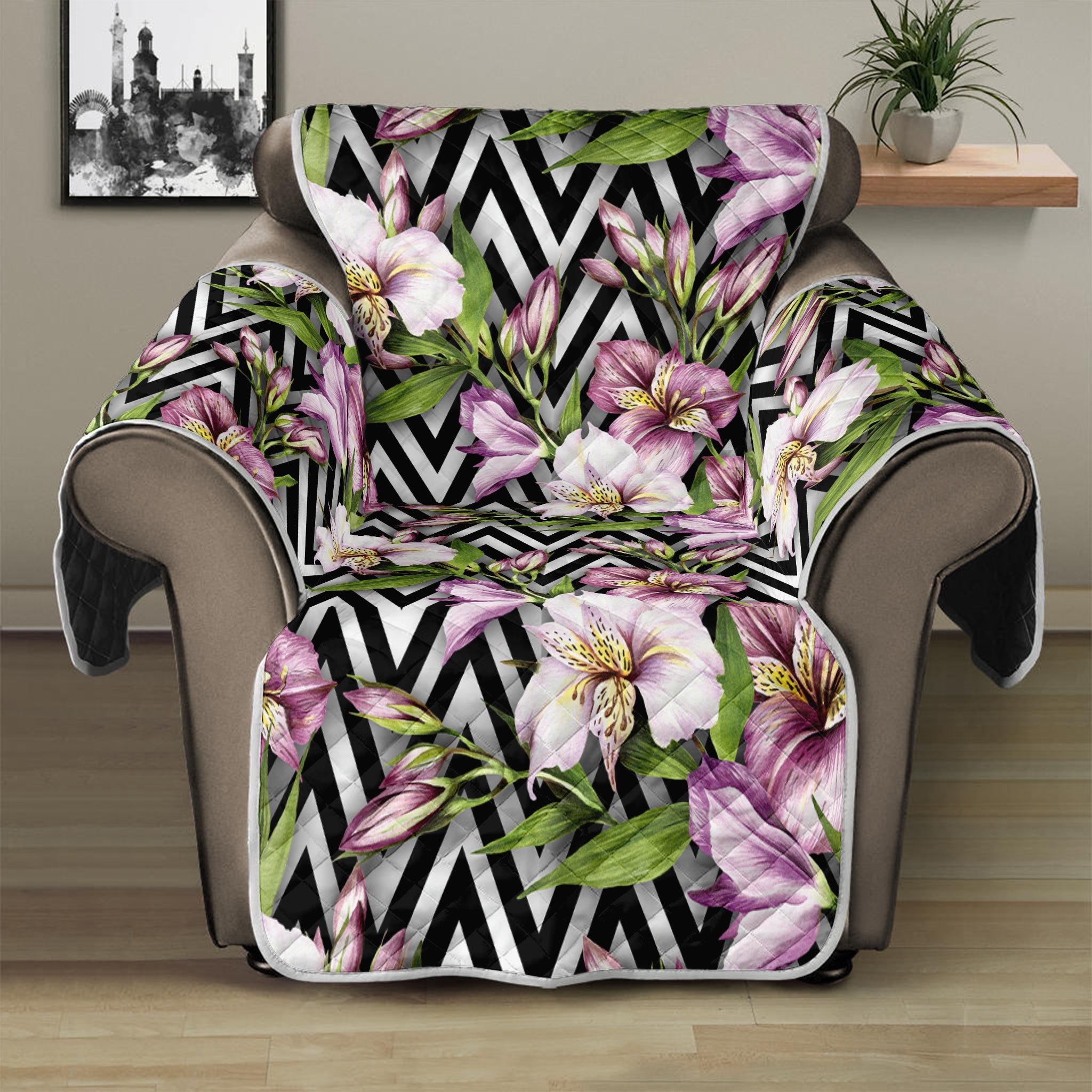 Purple Alstroemeria Zigzag Pattern Print Recliner Protector