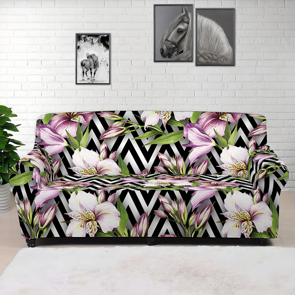 Purple Alstroemeria Zigzag Pattern Print Sofa Cover