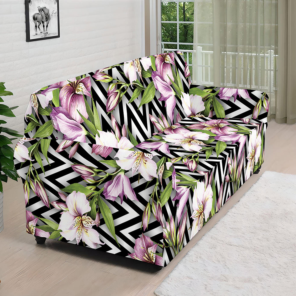 Purple Alstroemeria Zigzag Pattern Print Sofa Cover