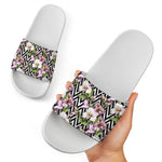Purple Alstroemeria Zigzag Pattern Print White Slide Sandals