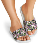Purple Alstroemeria Zigzag Pattern Print White Slide Sandals
