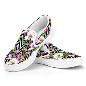 Purple Alstroemeria Zigzag Pattern Print White Slip On Shoes