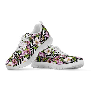 Purple Alstroemeria Zigzag Pattern Print White Sneakers