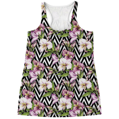 Purple Alstroemeria Zigzag Pattern Print Women's Racerback Tank Top