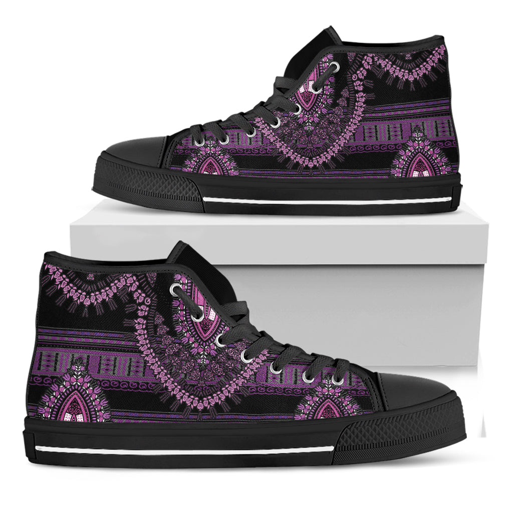 Purple And Black African Dashiki Print Black High Top Shoes