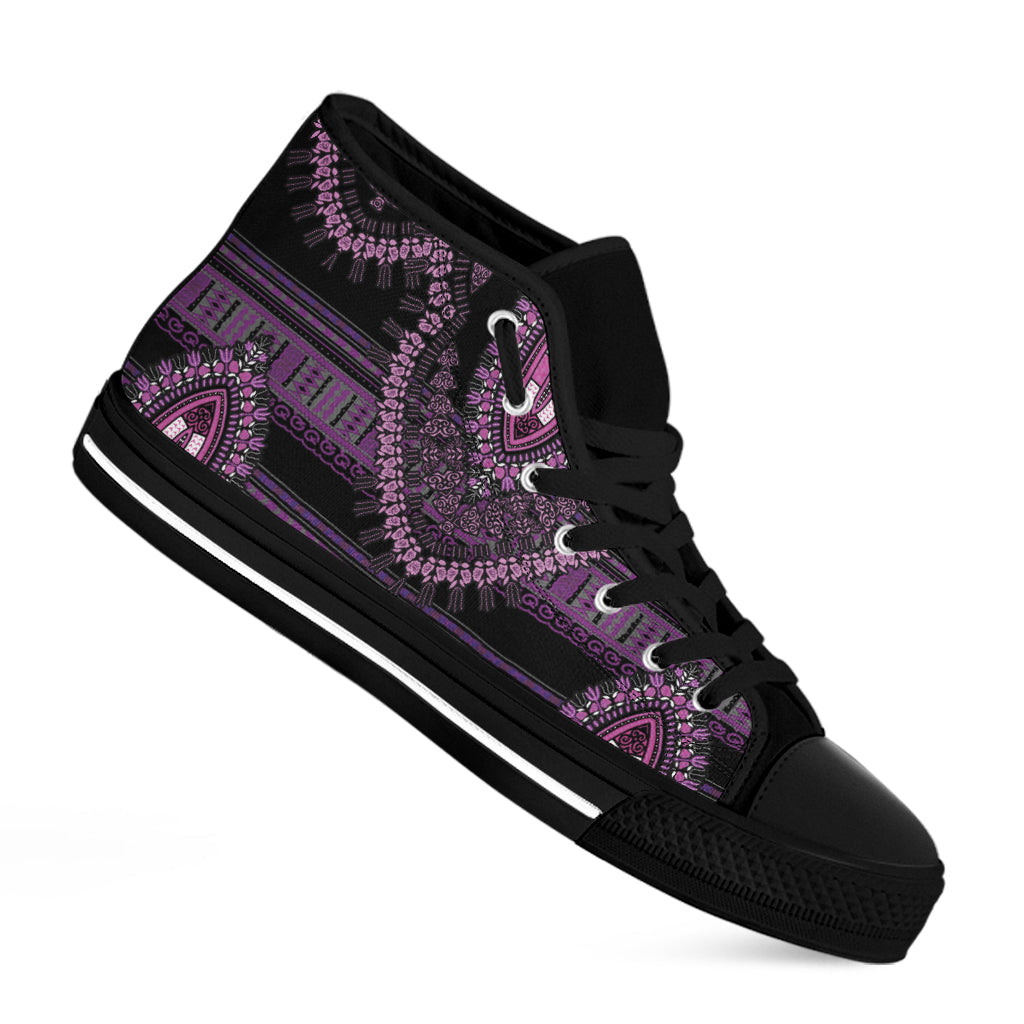 Purple And Black African Dashiki Print Black High Top Shoes