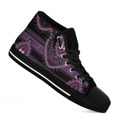 Purple And Black African Dashiki Print Black High Top Shoes