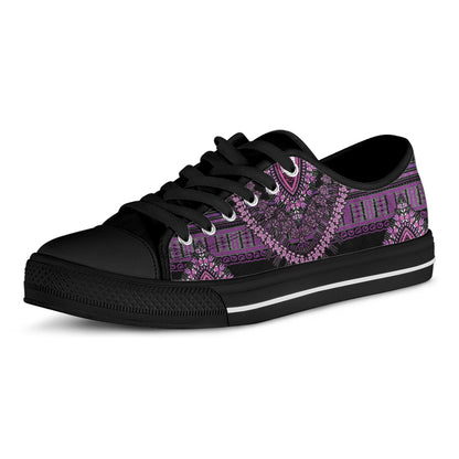 Purple And Black African Dashiki Print Black Low Top Shoes