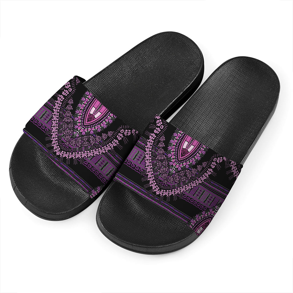 Purple And Black African Dashiki Print Black Slide Sandals