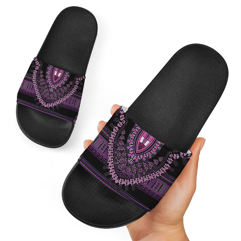 Purple And Black African Dashiki Print Black Slide Sandals