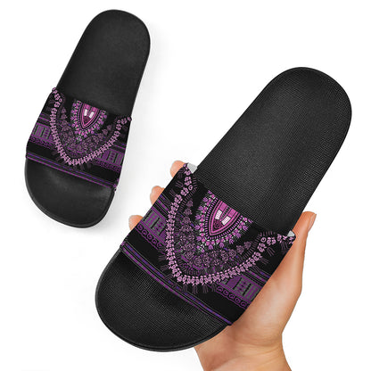 Purple And Black African Dashiki Print Black Slide Sandals