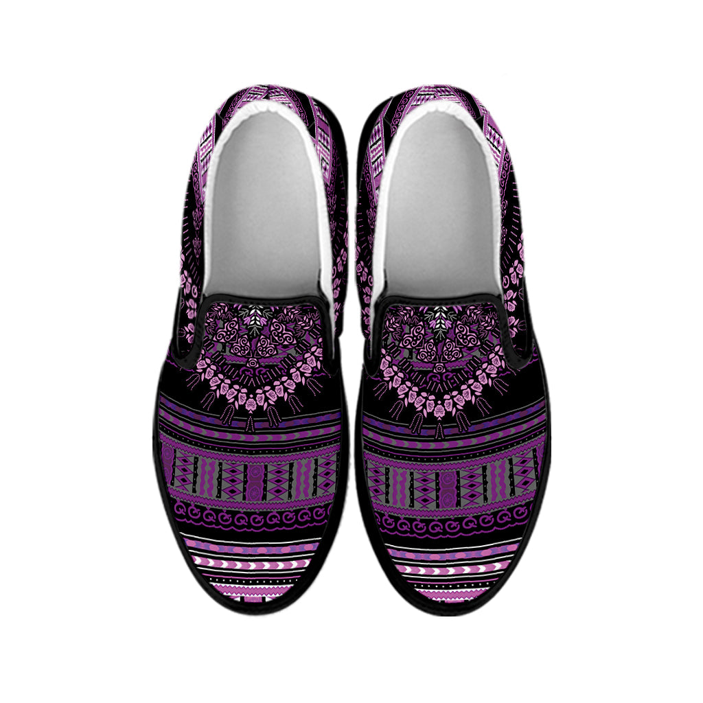 Purple And Black African Dashiki Print Black Slip On Shoes