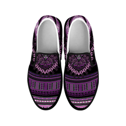 Purple And Black African Dashiki Print Black Slip On Shoes