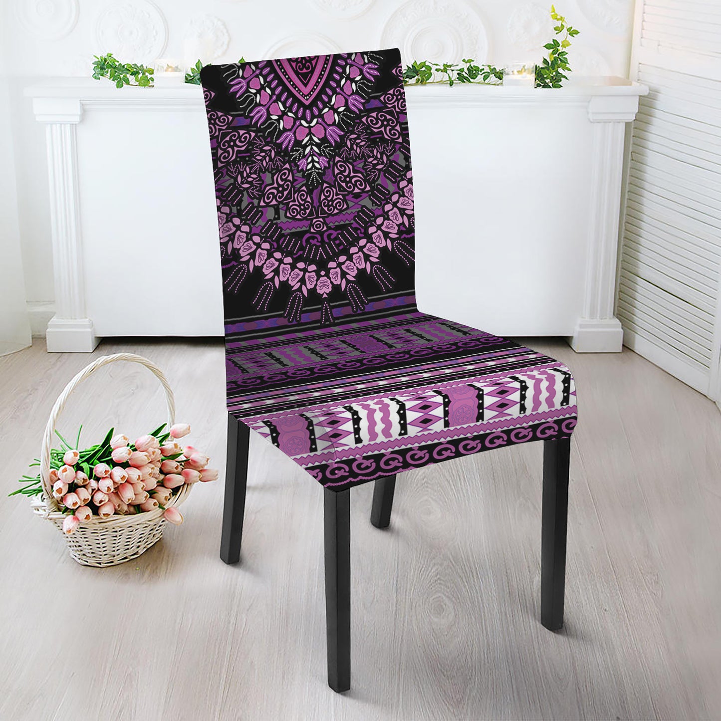 Purple And Black African Dashiki Print Dining Chair Slipcover