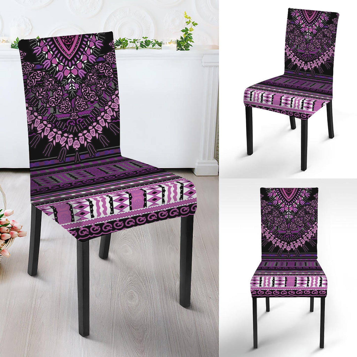 Purple And Black African Dashiki Print Dining Chair Slipcover