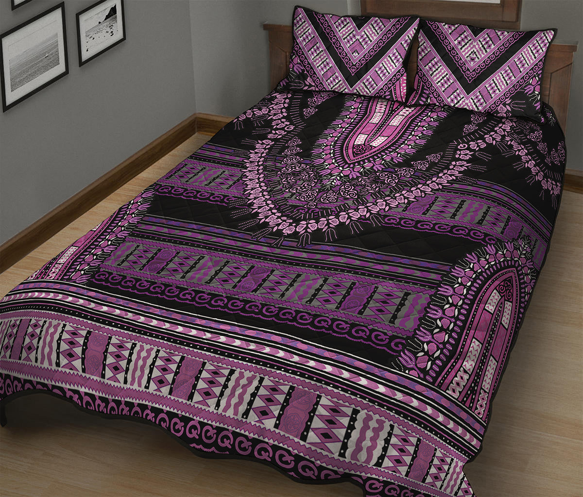 Purple And Black African Dashiki Print Quilt Bed Set
