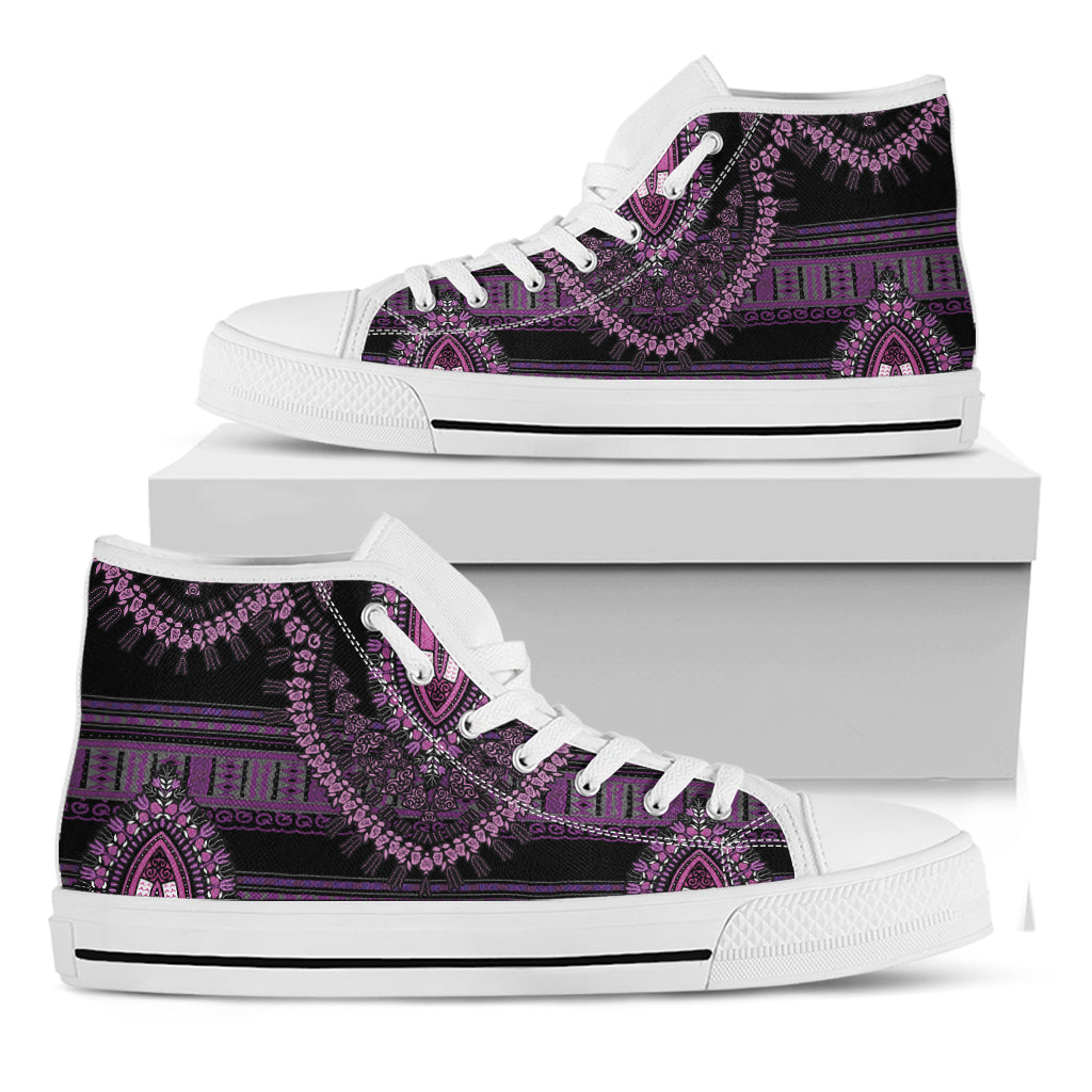 Purple And Black African Dashiki Print White High Top Shoes