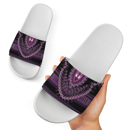 Purple And Black African Dashiki Print White Slide Sandals