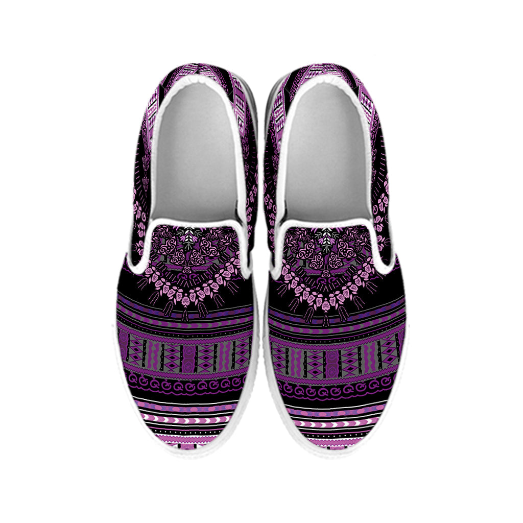 Purple And Black African Dashiki Print White Slip On Shoes