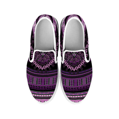 Purple And Black African Dashiki Print White Slip On Shoes