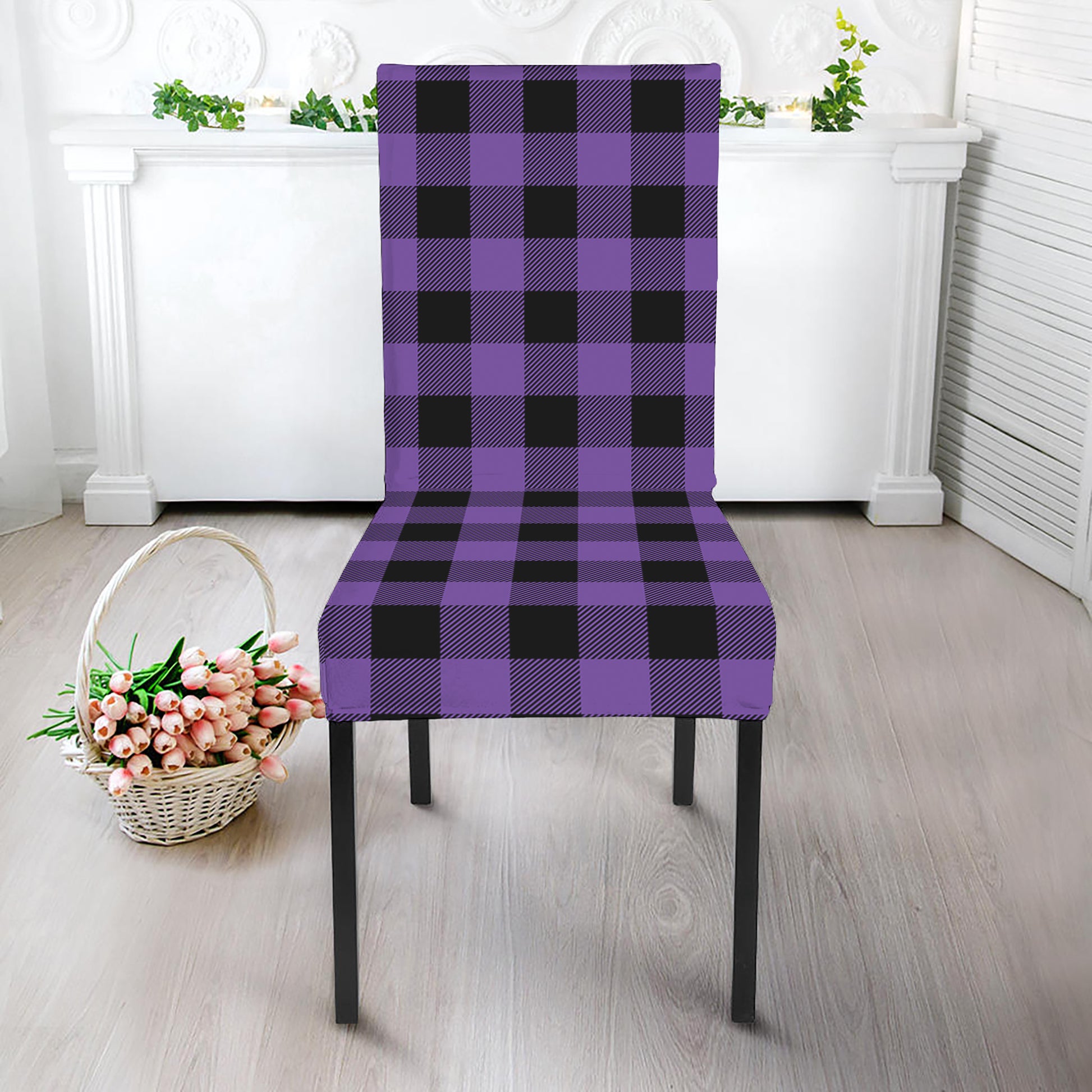 Purple And Black Buffalo Check Print Dining Chair Slipcover