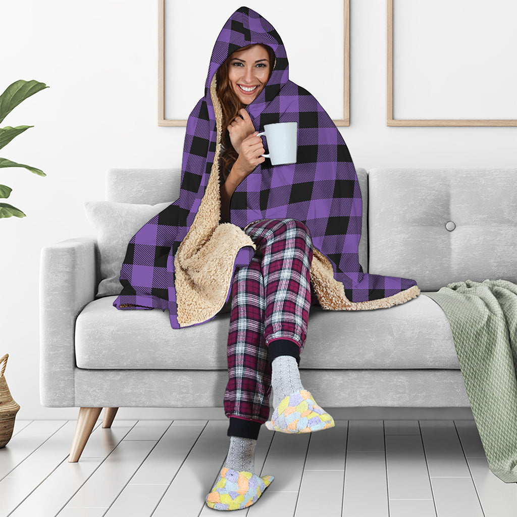 Purple And Black Buffalo Check Print Hooded Blanket