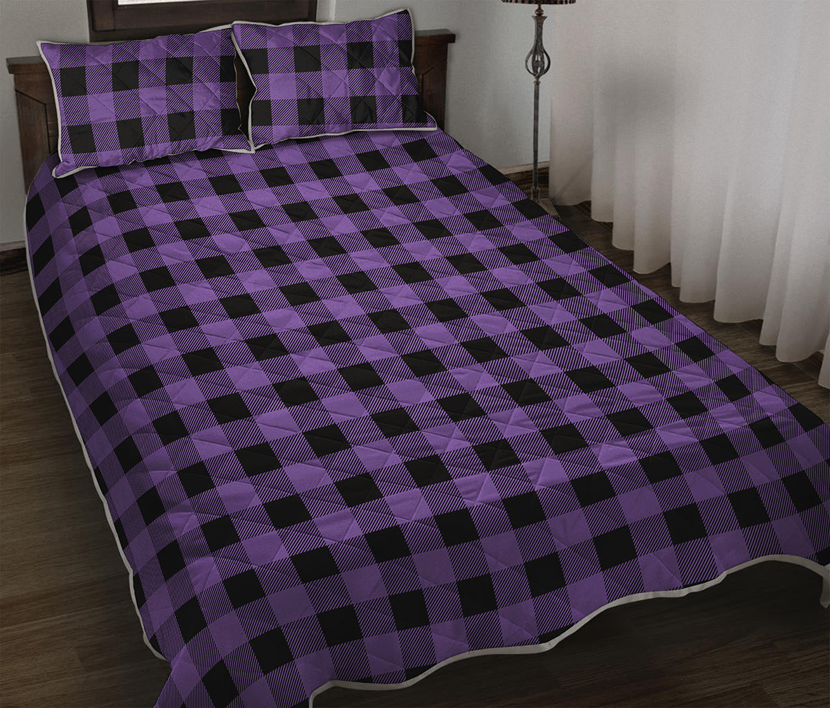 Purple And Black Buffalo Check Print Quilt Bed Set