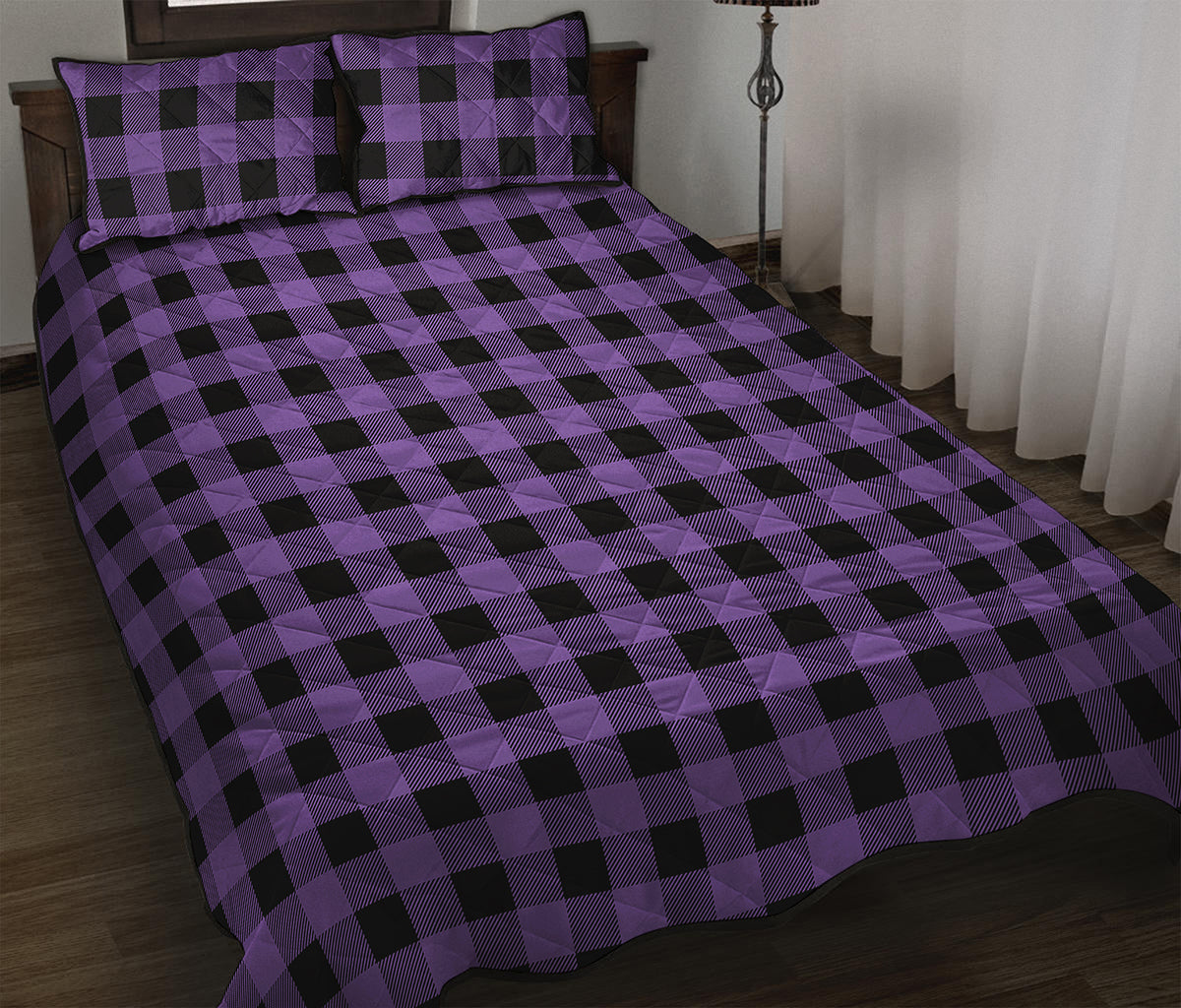 Purple And Black Buffalo Check Print Quilt Bed Set