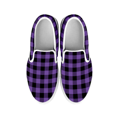 Purple And Black Buffalo Check Print White Slip On Shoes