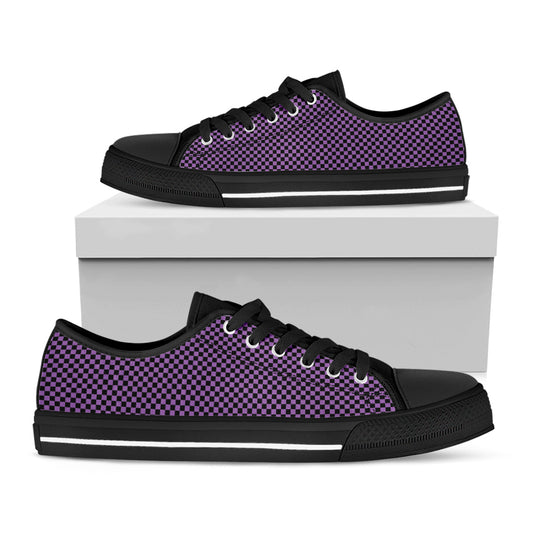 Purple And Black Checkered Pattern Print Black Low Top Shoes