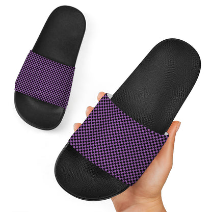 Purple And Black Checkered Pattern Print Black Slide Sandals