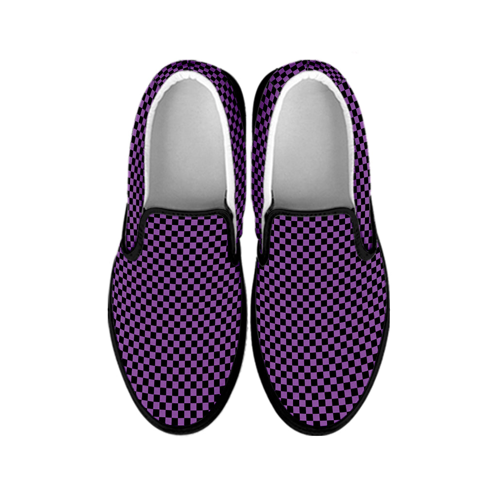 Purple And Black Checkered Pattern Print Black Slip On Shoes