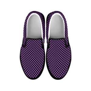 Purple And Black Checkered Pattern Print Black Slip On Shoes