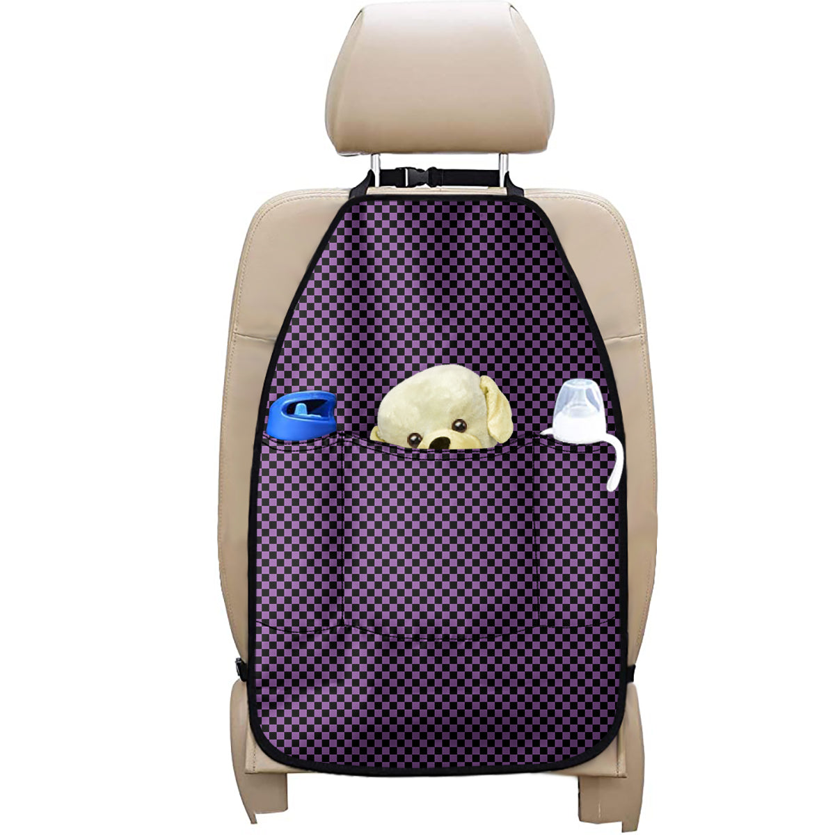Purple And Black Checkered Pattern Print Car Seat Organizers