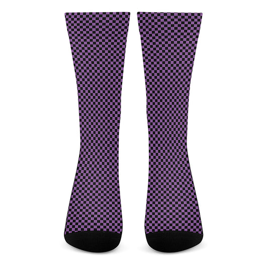 Purple And Black Checkered Pattern Print Crew Socks