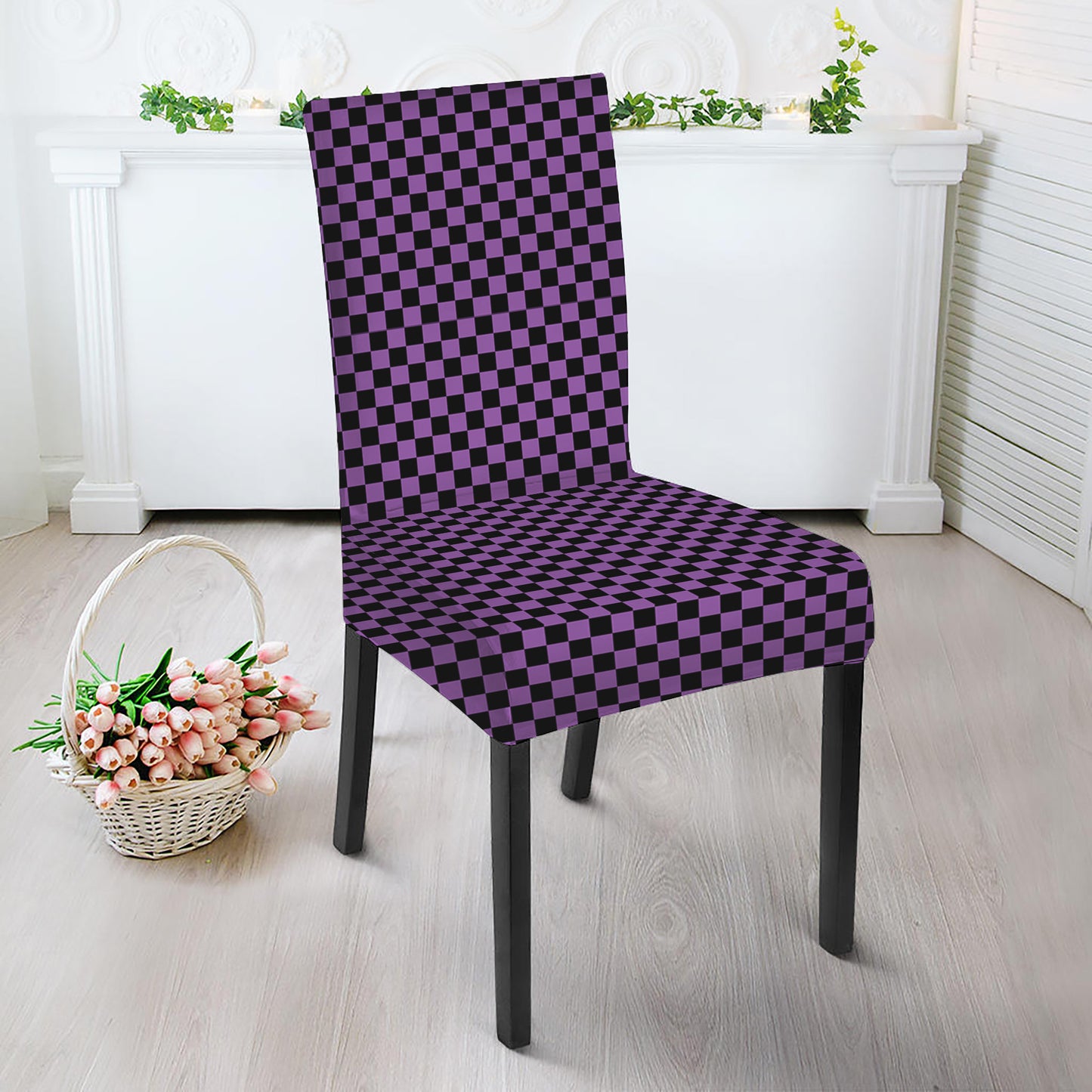 Purple And Black Checkered Pattern Print Dining Chair Slipcover