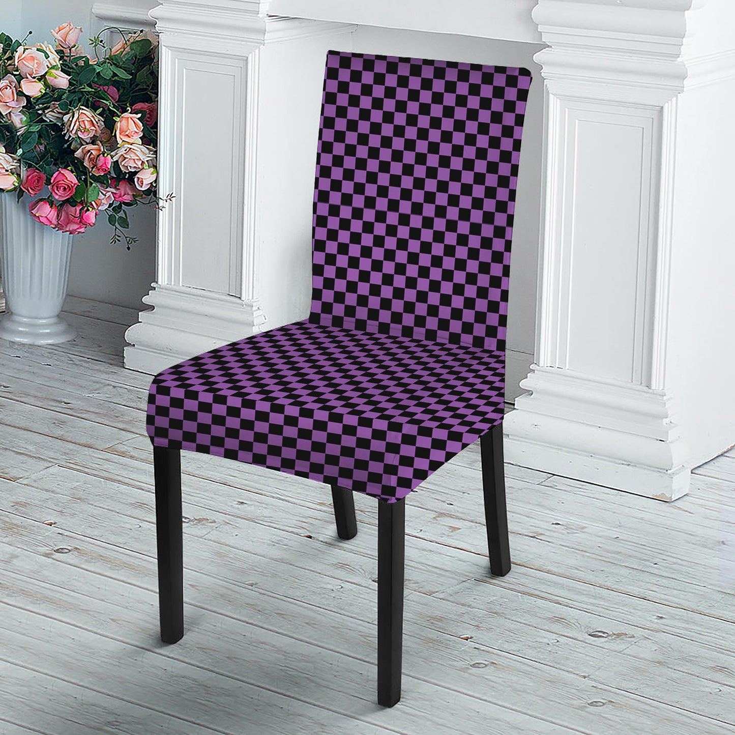 Purple And Black Checkered Pattern Print Dining Chair Slipcover
