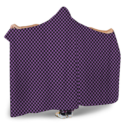 Purple And Black Checkered Pattern Print Hooded Blanket