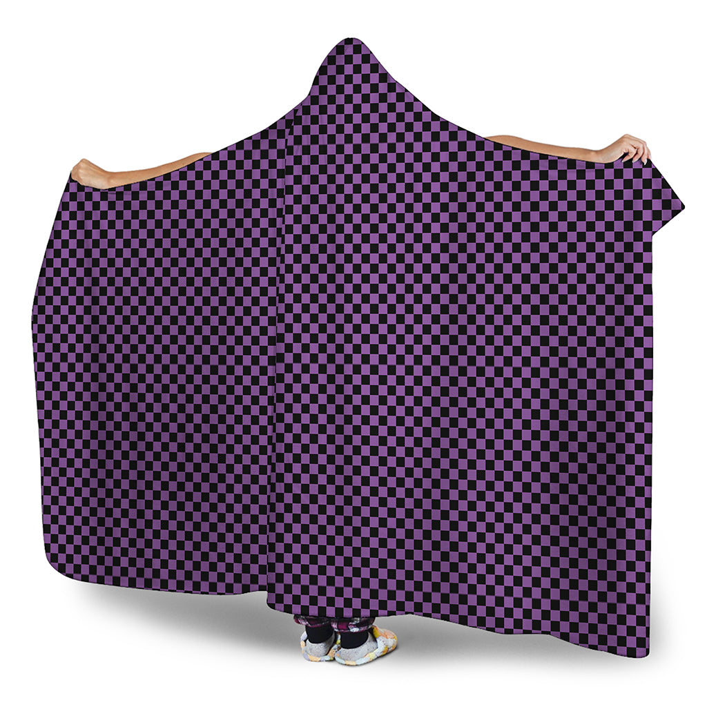 Purple And Black Checkered Pattern Print Hooded Blanket