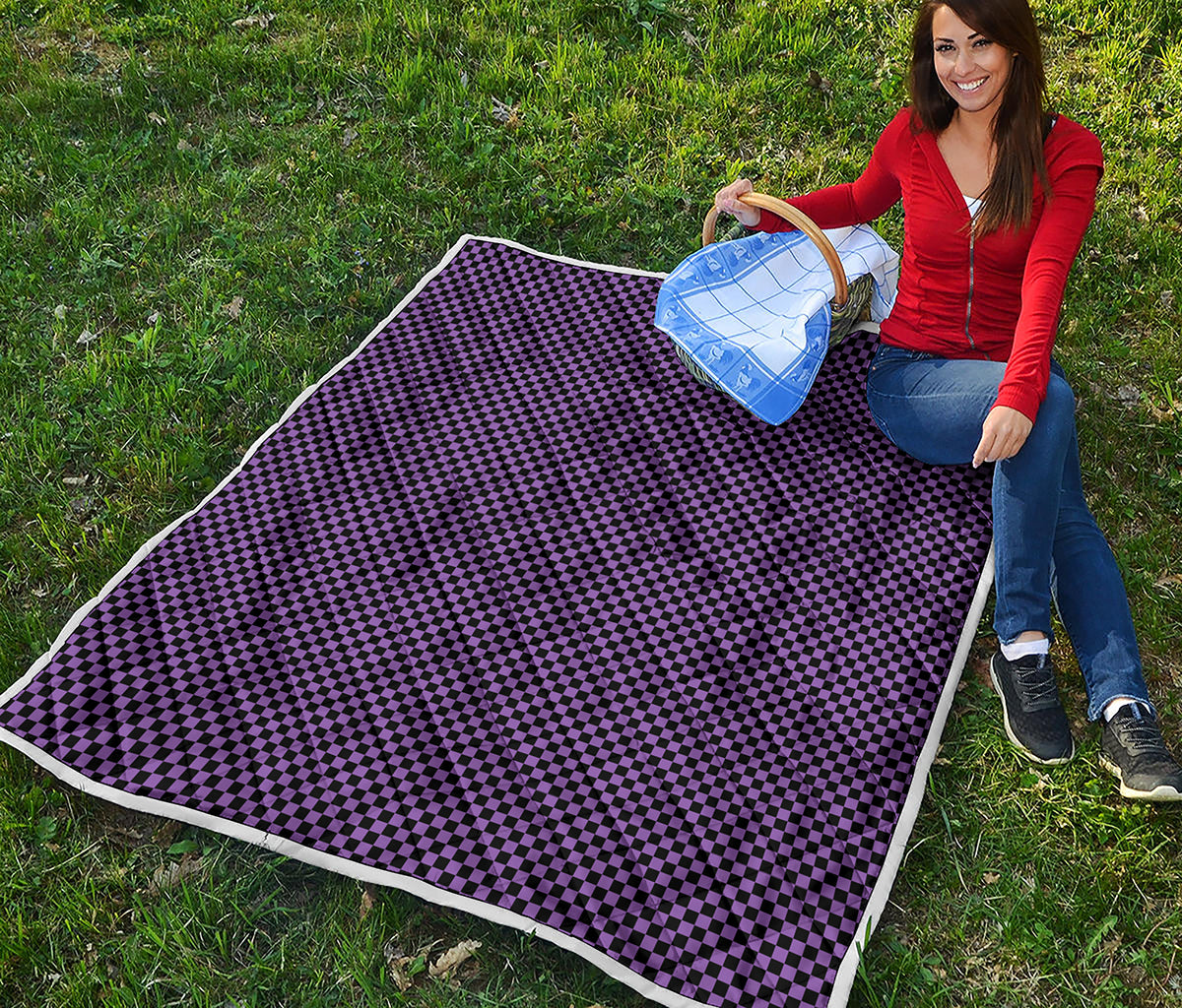 Purple And Black Checkered Pattern Print Quilt