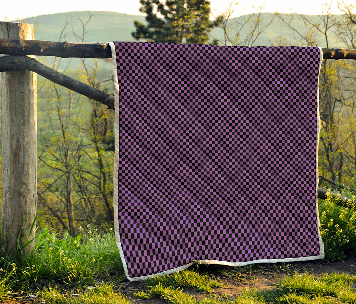 Purple And Black Checkered Pattern Print Quilt
