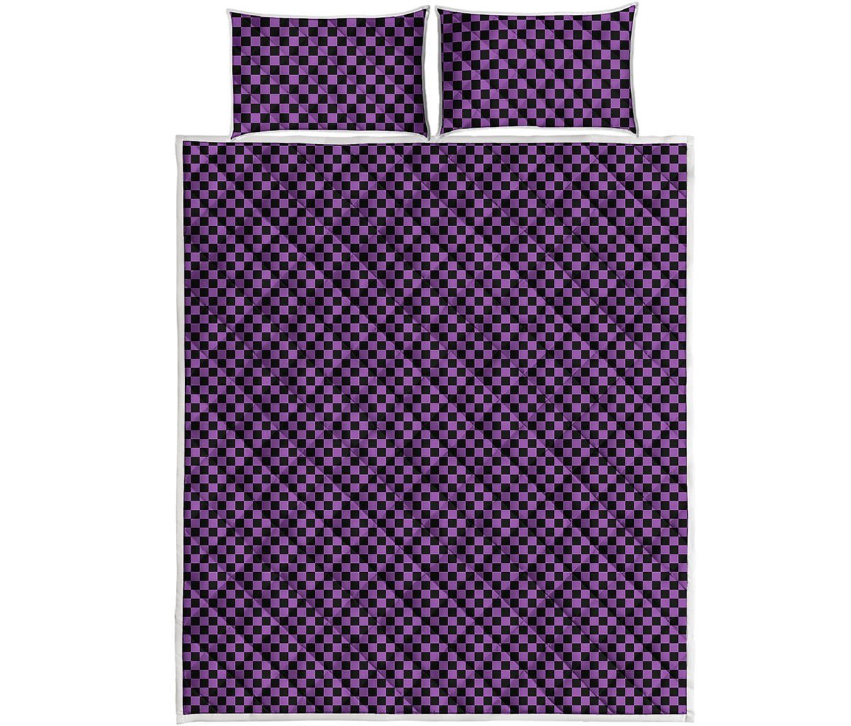 Purple And Black Checkered Pattern Print Quilt Bed Set