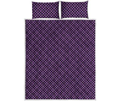 Purple And Black Checkered Pattern Print Quilt Bed Set